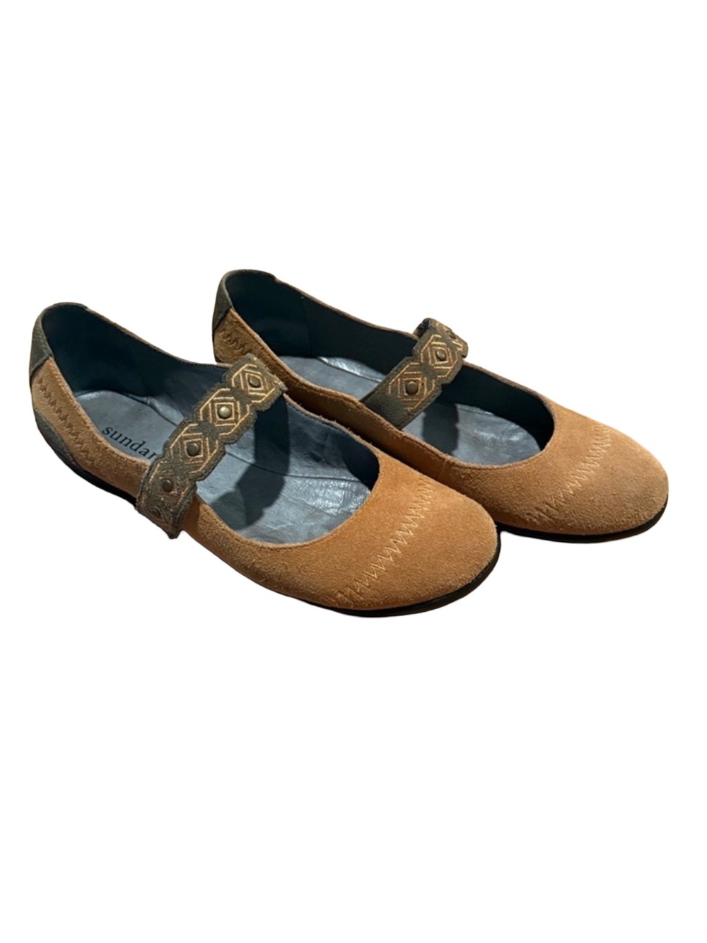 Sundance Suede Mary Jane Golden Hue Decorative Hook & Loop Strap Flats Ladies 38